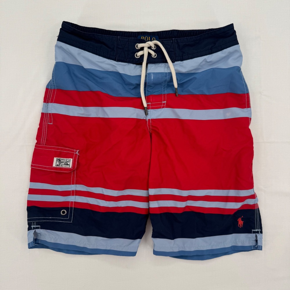 Polo Ralph Lauren Swim Trunks Boys Size‎ 8 Red & Navy Blue Striped Board Shorts